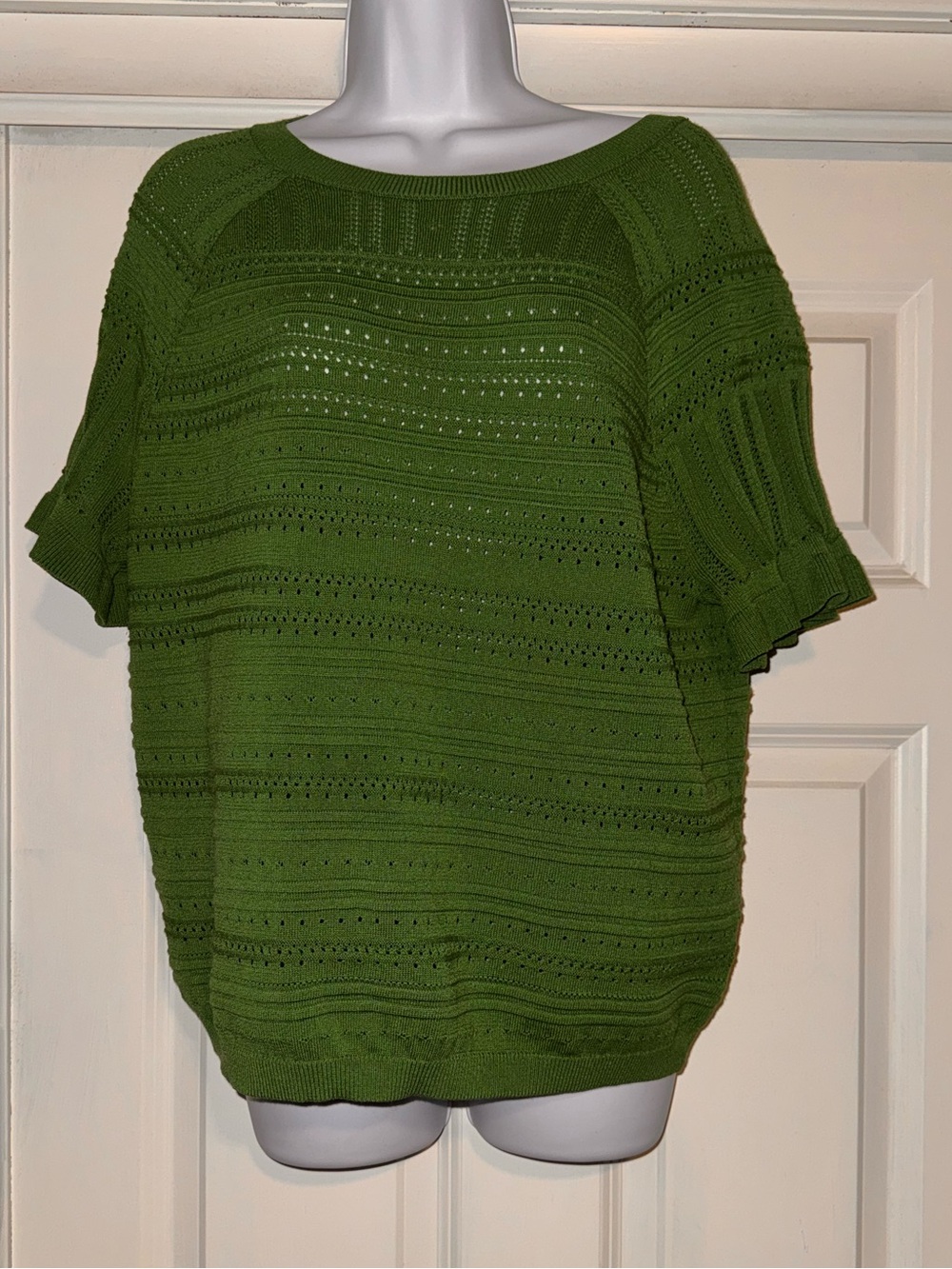 Ann Taylor Open-Knit Short Sleeve Sweater Top in Olive Green